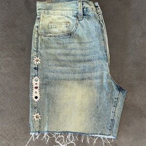 MNML Light Blue Jean Shorts with Distressed Hem